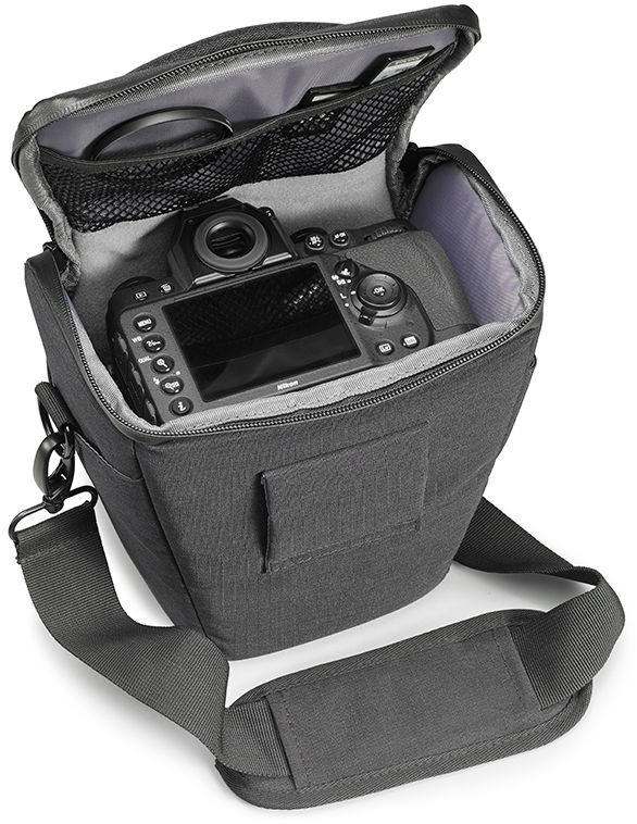 Open gray camera bag with a camera inside. Contains a camera and accessories.