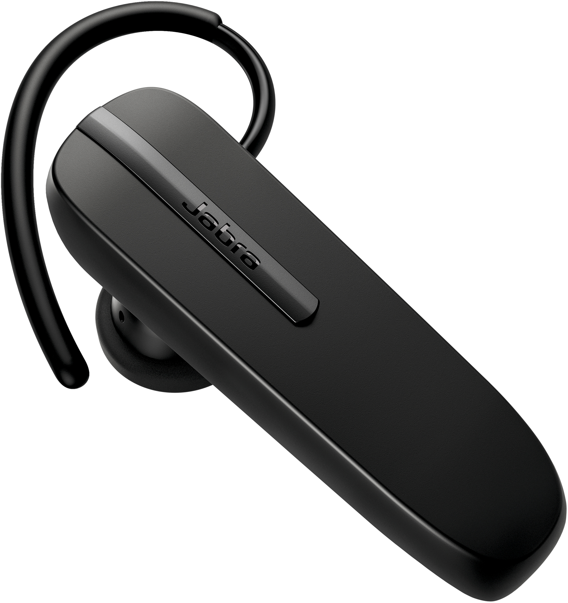 A black Jabra Bluetooth headset with a curved ear hook and a long, slim body.