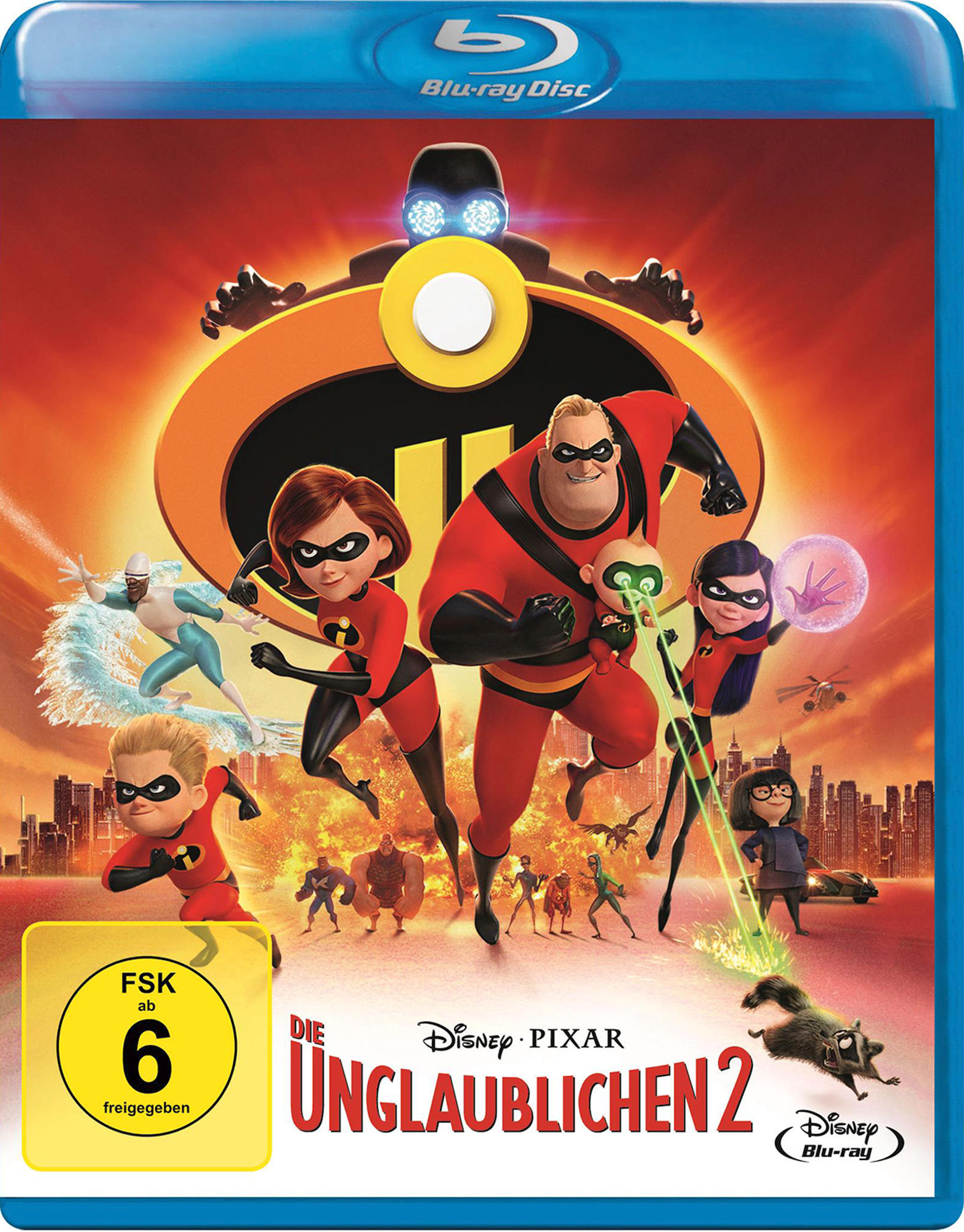 Blu-ray-Cover von 'Die Unglaublichen 2' mit Superheldenfamilie, Action und Logo.