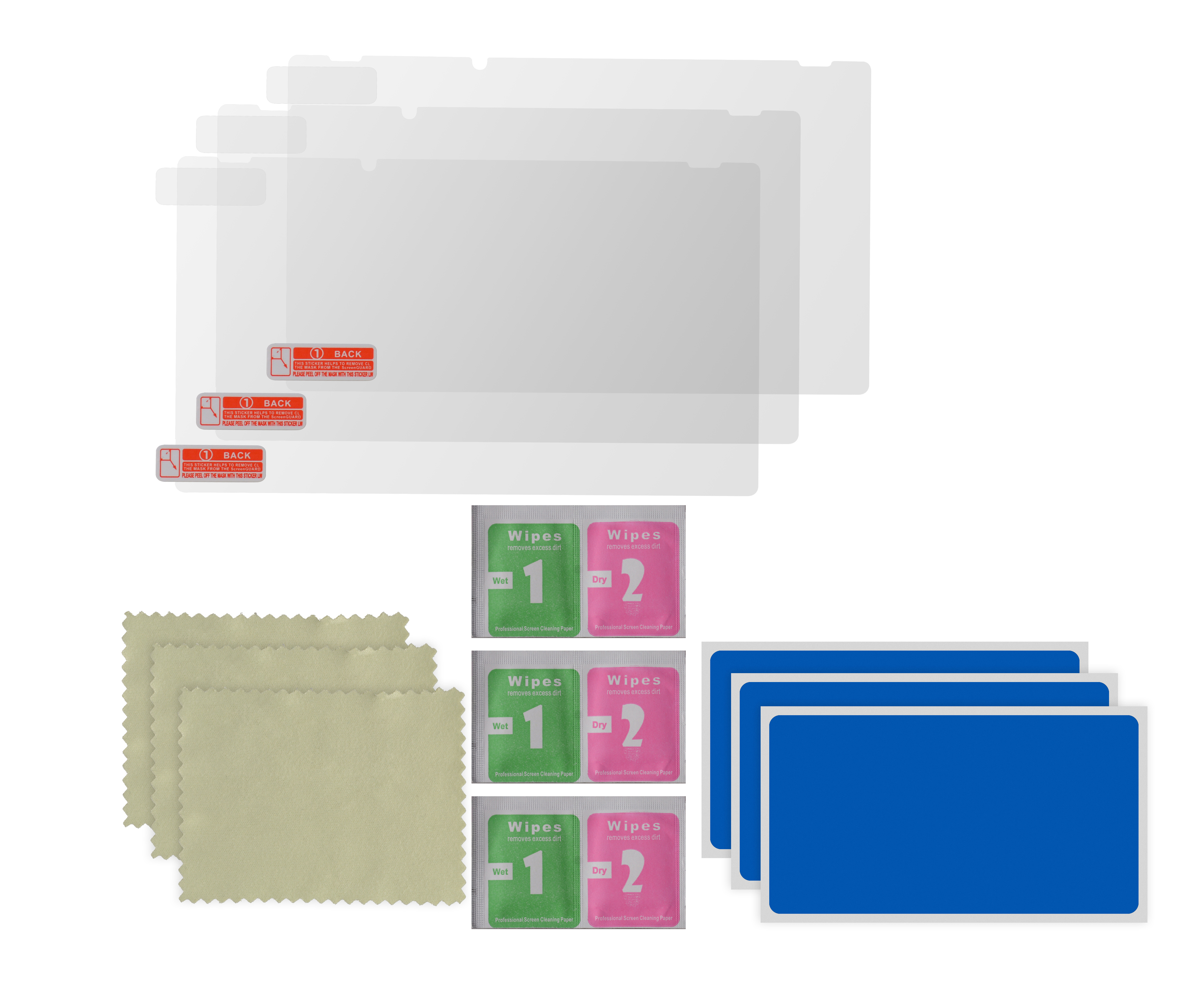 Displayschutzfolien, Reinigungstücher und blaue Karten sind auf weißem Untergrund angeordnet.