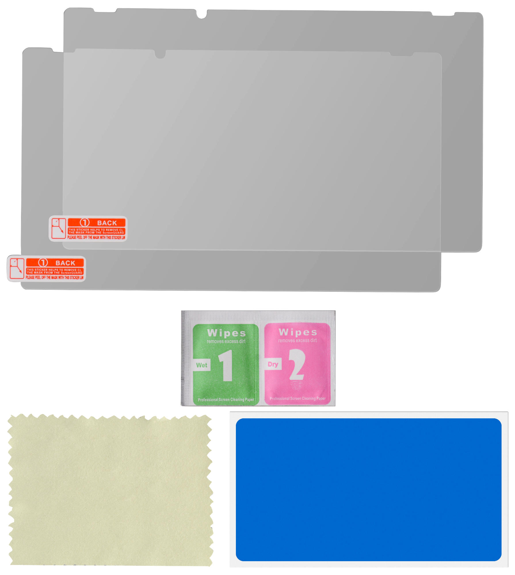 Screen protectors, cleaning wipes, and a microfiber cloth, all flat.