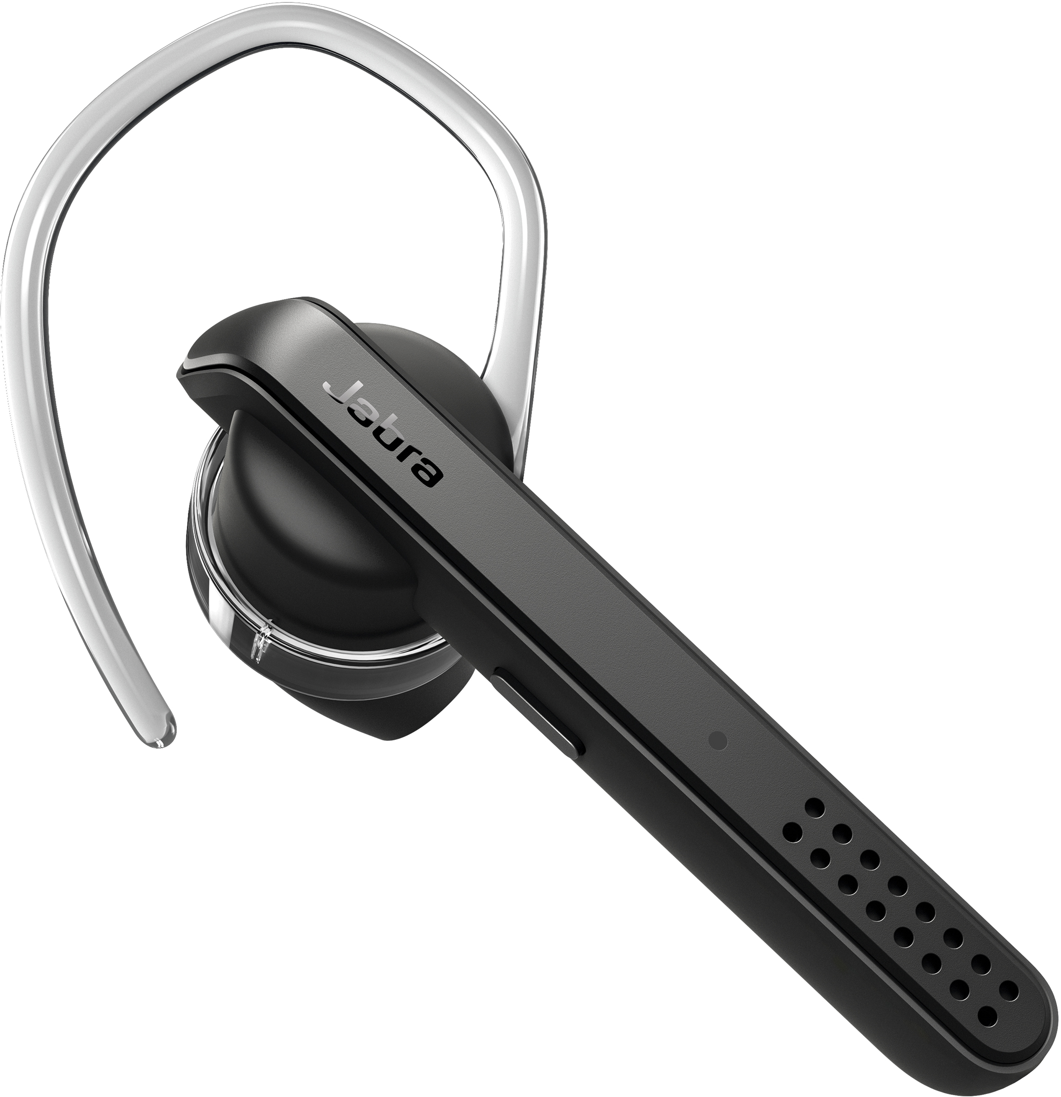Zwarte Jabra-headset met gebogen oorhaak. De merknaam staat op de oordop.