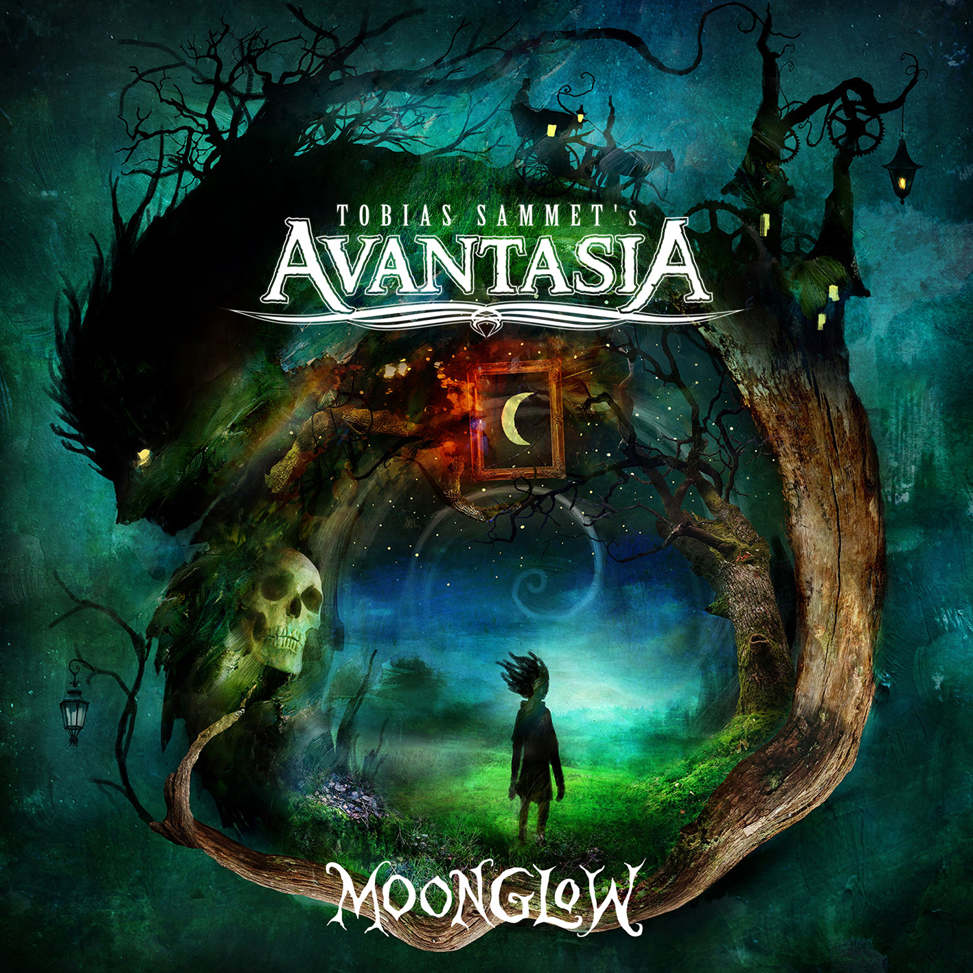 Albumcover mit einer Waldszene, einem Schädel und einer Silhouette eines Kindes. Text: Moonglow.