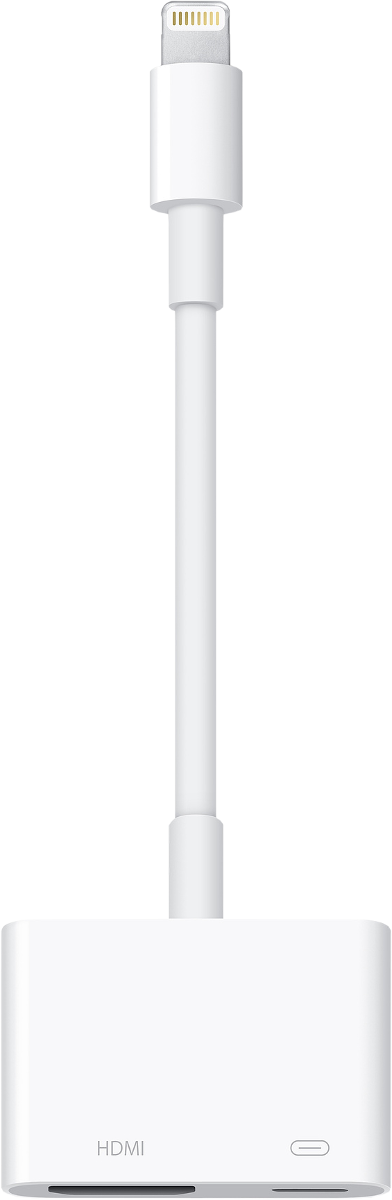 Adaptateur HDMI vers Lightning blanc avec un cordon blanc. Connecteur HDMI en bas.