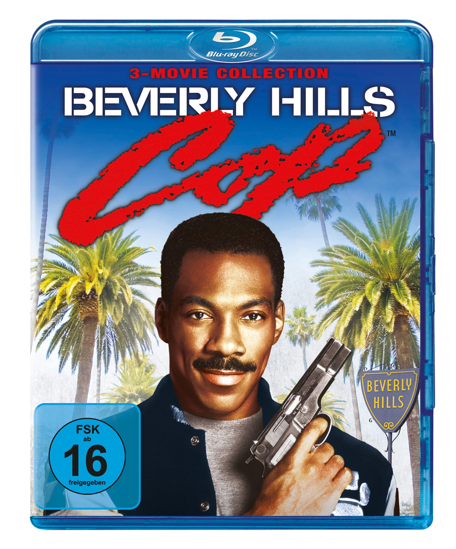 Filmcover. Eddie Murphy hält eine Waffe. Palmen, mit einem Filmtitel.