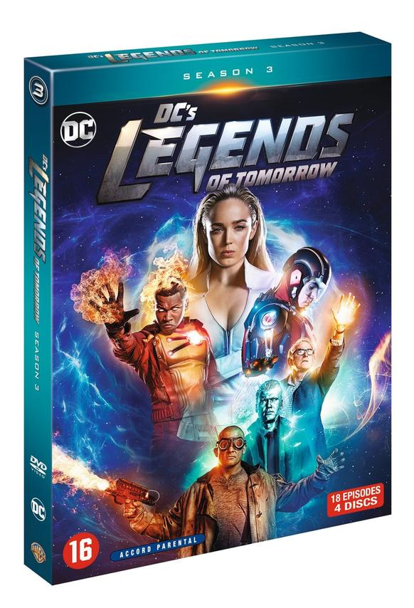 DVD-hoesje voor "DC's Legends of Tomorrow" seizoen 3, met karakterafbeeldingen en titel.