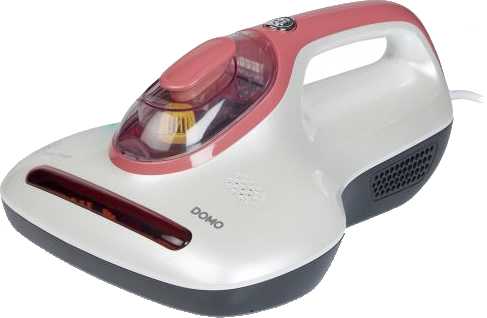 Nettoyeur vapeur portatif blanc et rose. Comporte une lumière rouge et la marque DOMO.