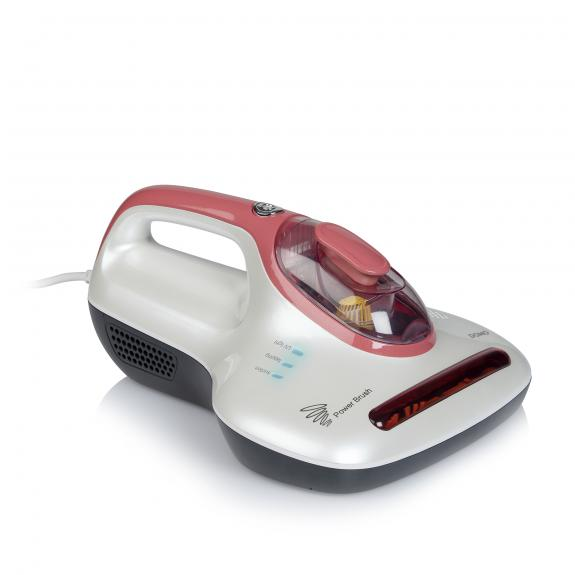 Aspirateur à main blanc et rouge, avec brosse motorisée et autres fonctionnalités.