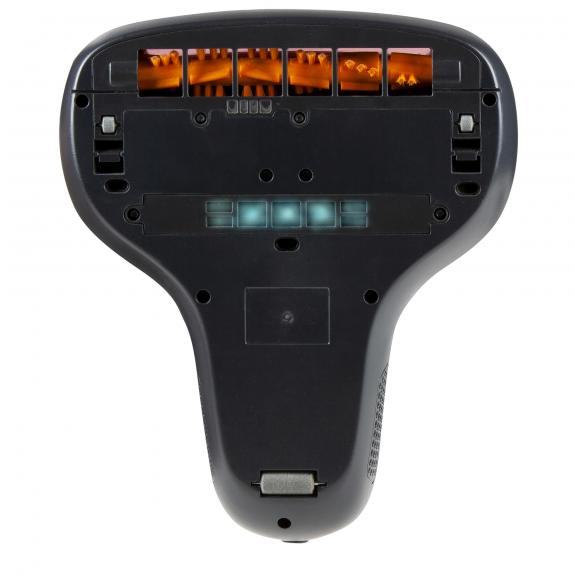 Tête d'aspirateur noire avec brosses orange. Vue de dessous.