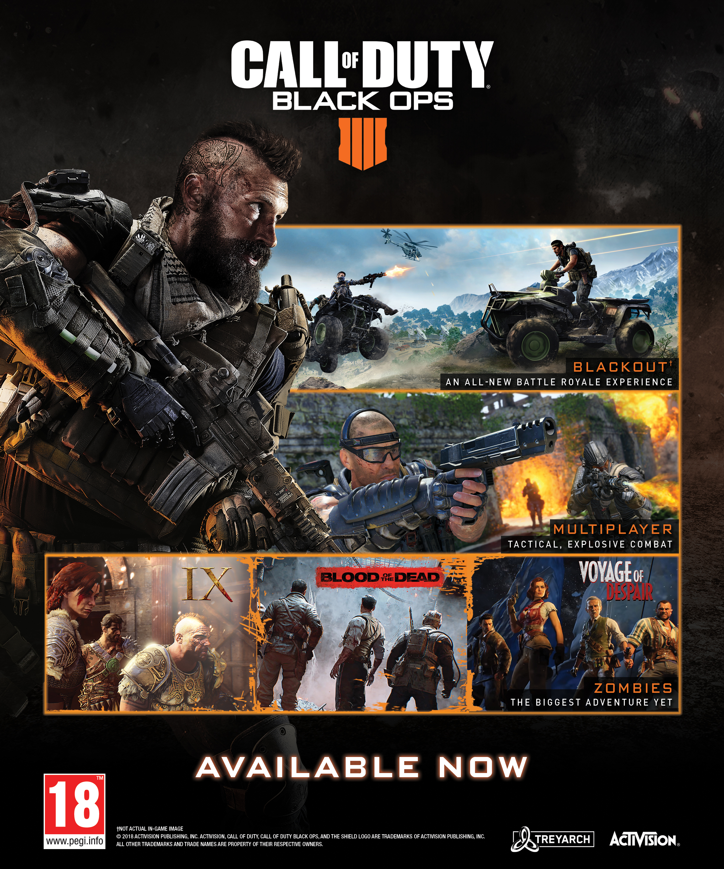 Call of Duty Black Ops 4 gameposter met game scènes en personages.