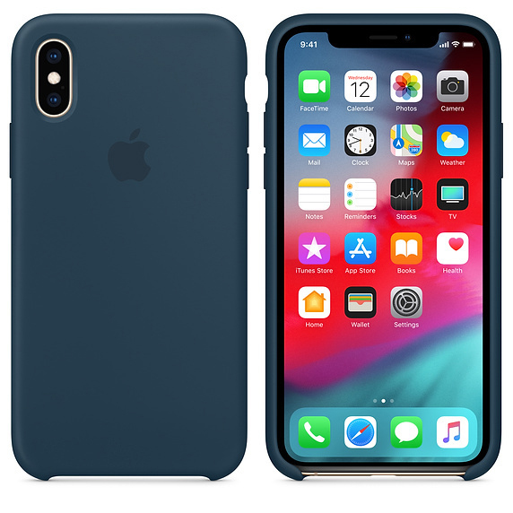 Zwei Telefone: ein blaues Case mit Apple-Logo, das andere zeigt einen Bildschirm mit App-Symbolen.