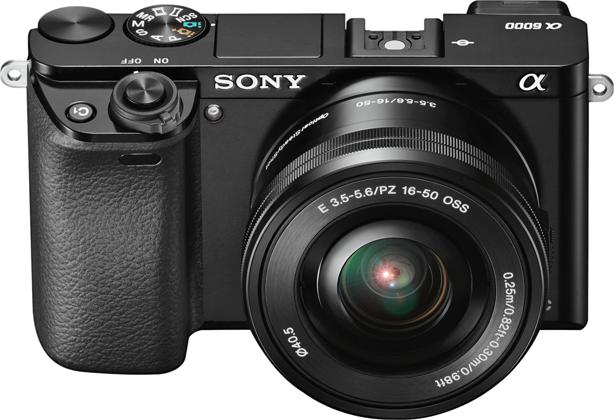 Schwarze Sony-Kamera mit Objektiv. Knöpfe, Zifferblätter und Bildschirm sind sichtbar. Der Hintergrund ist schwarz.