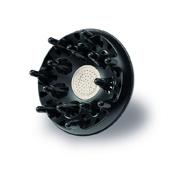 Difusor de secador de pelo negro con múltiples boquillas, circular con un centro blanco.