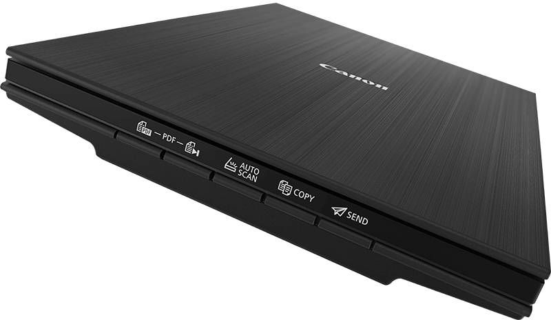 Un scanner Canon noir avec des boutons pour PDF, numériser, copier et envoyer.