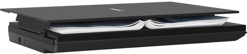 Black scanner with open lid revealing books inside.