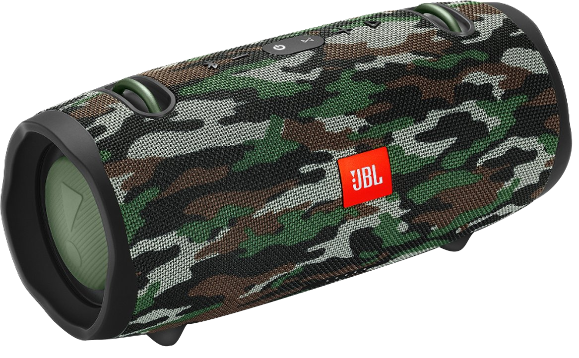 Egy álcázott mintájú JBL hangszóró. A hangszóró henger alakú és JBL logóval rendelkezik.