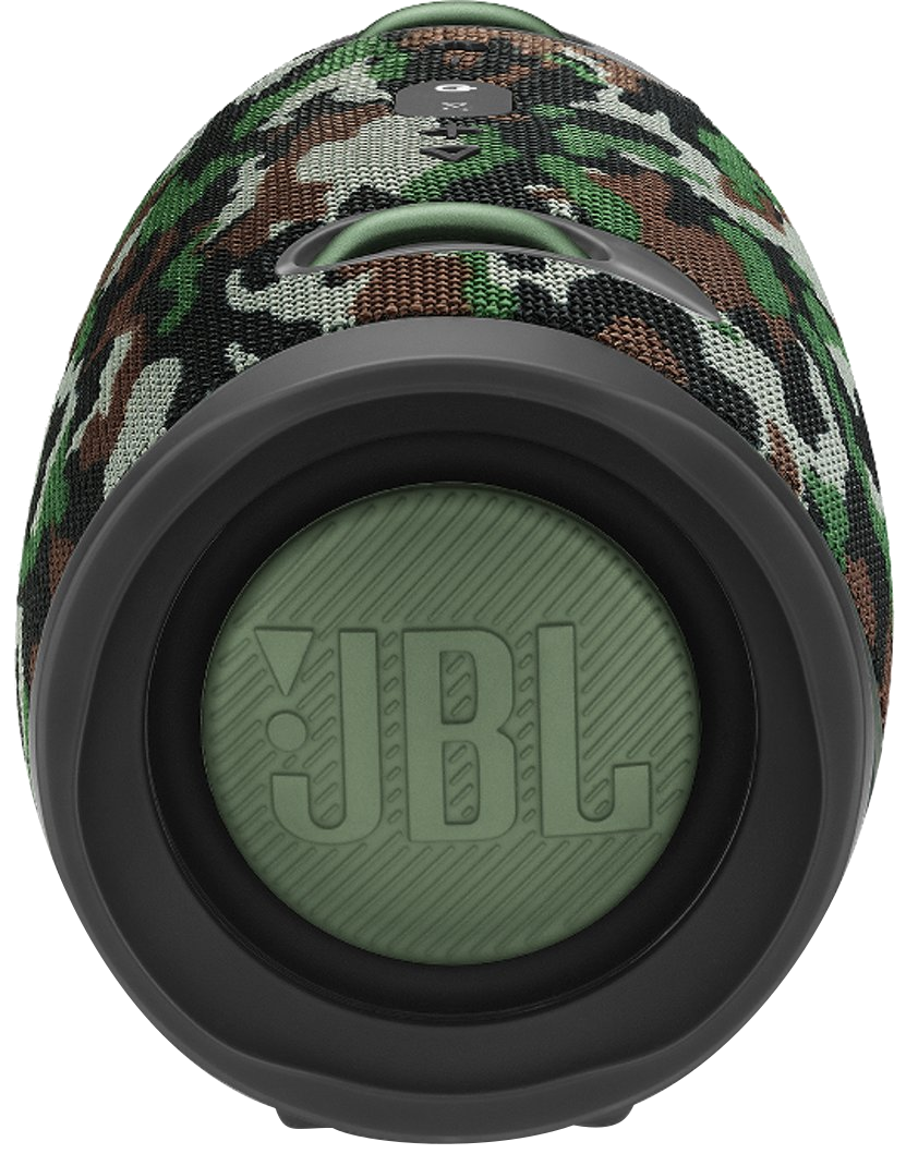 Álcázott JBL hangszóró, hengeres forma, a JBL logóval a kör alakú végén.