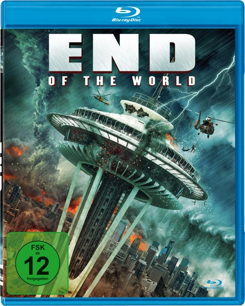 Blu-ray-Cover für 'End of the World' mit apokalyptischer Stadtlandschaft und Hubschraubern.