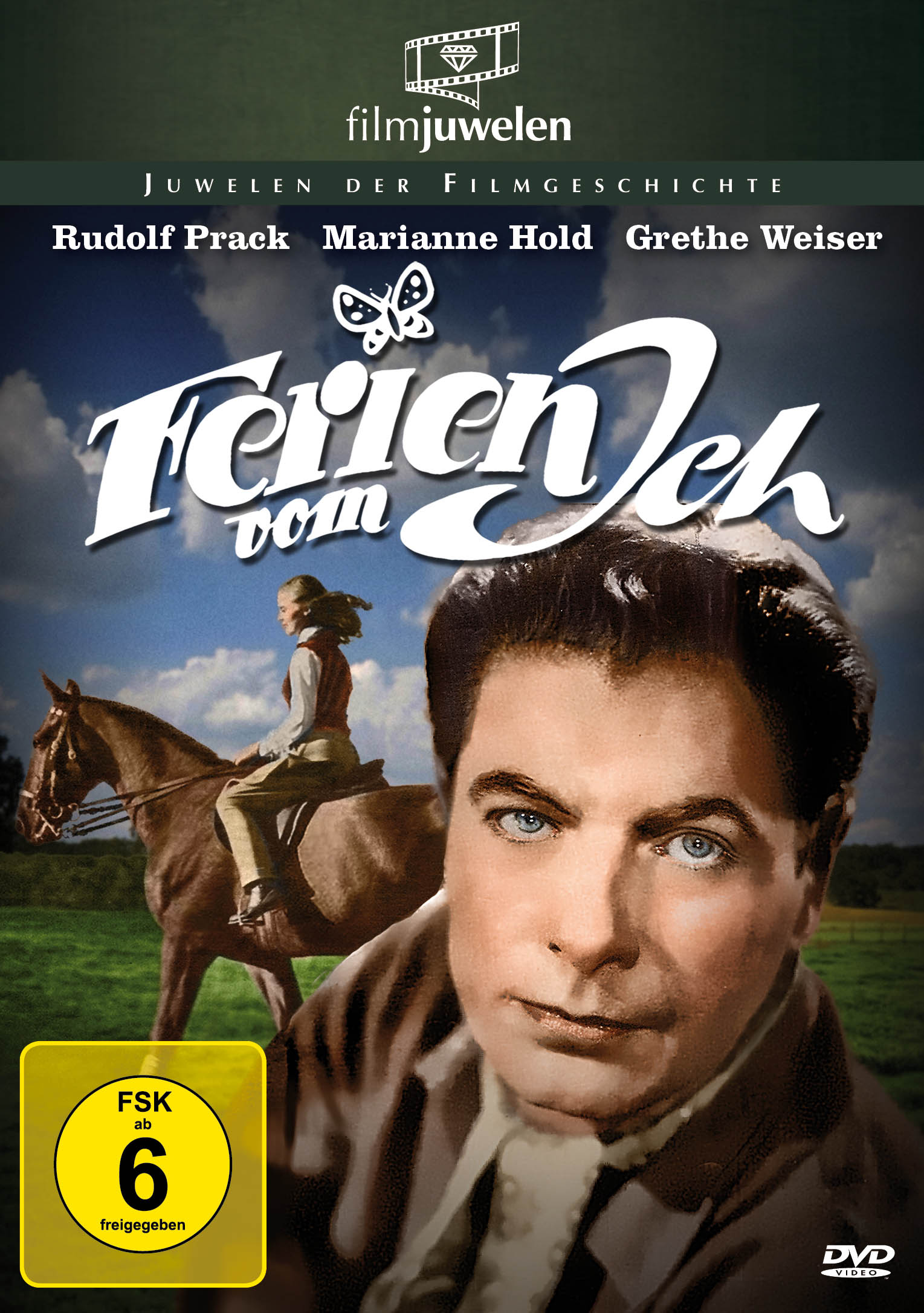 DVD-Cover, Ferien vom Ich. Gesicht eines Mannes, Mädchen auf Pferd, Text auf Deutsch. FSK 6.