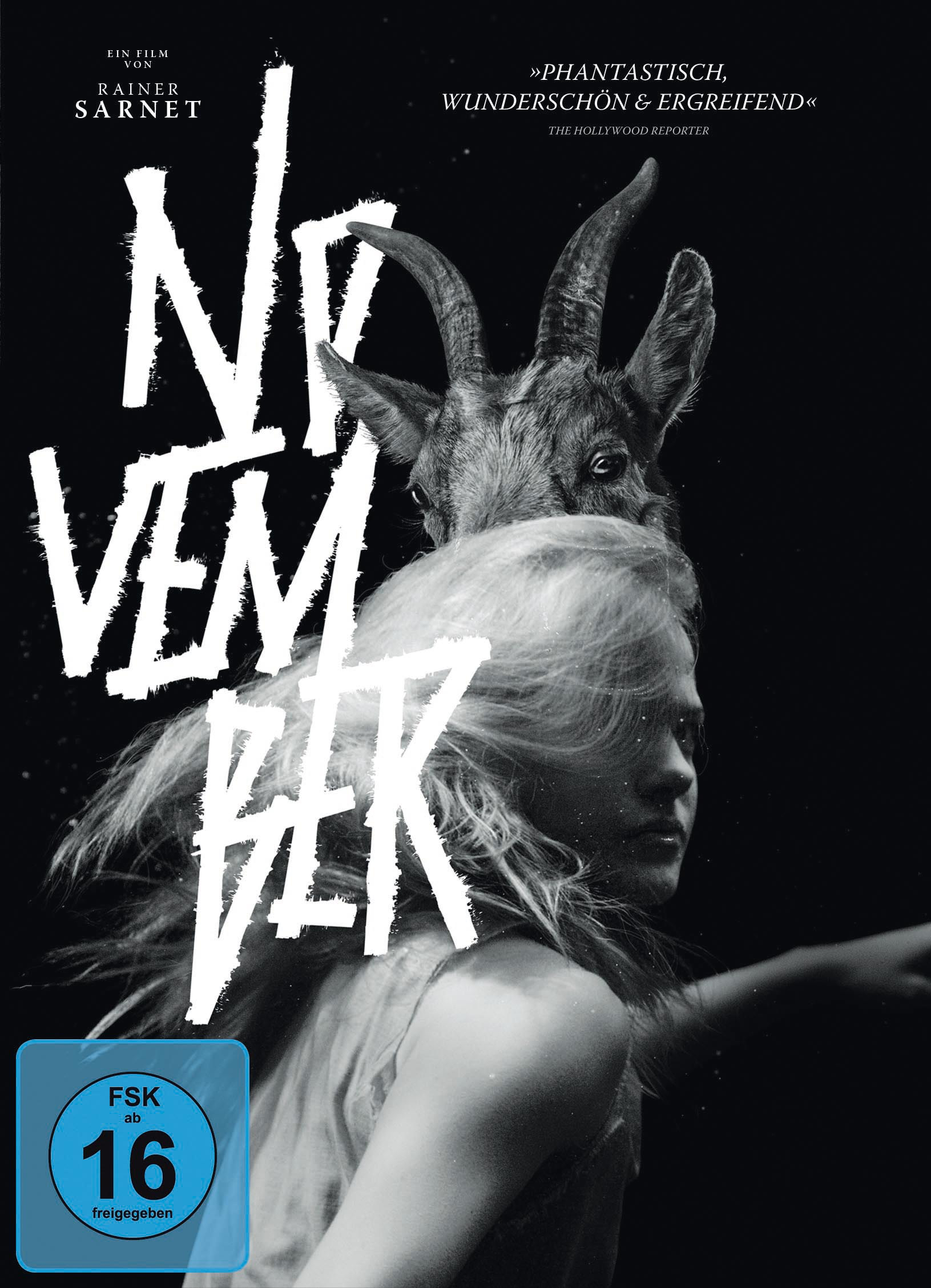 Filmplakat: Ziegenkopf über einer Frau, mit Text 'November' und Rating-Logo.