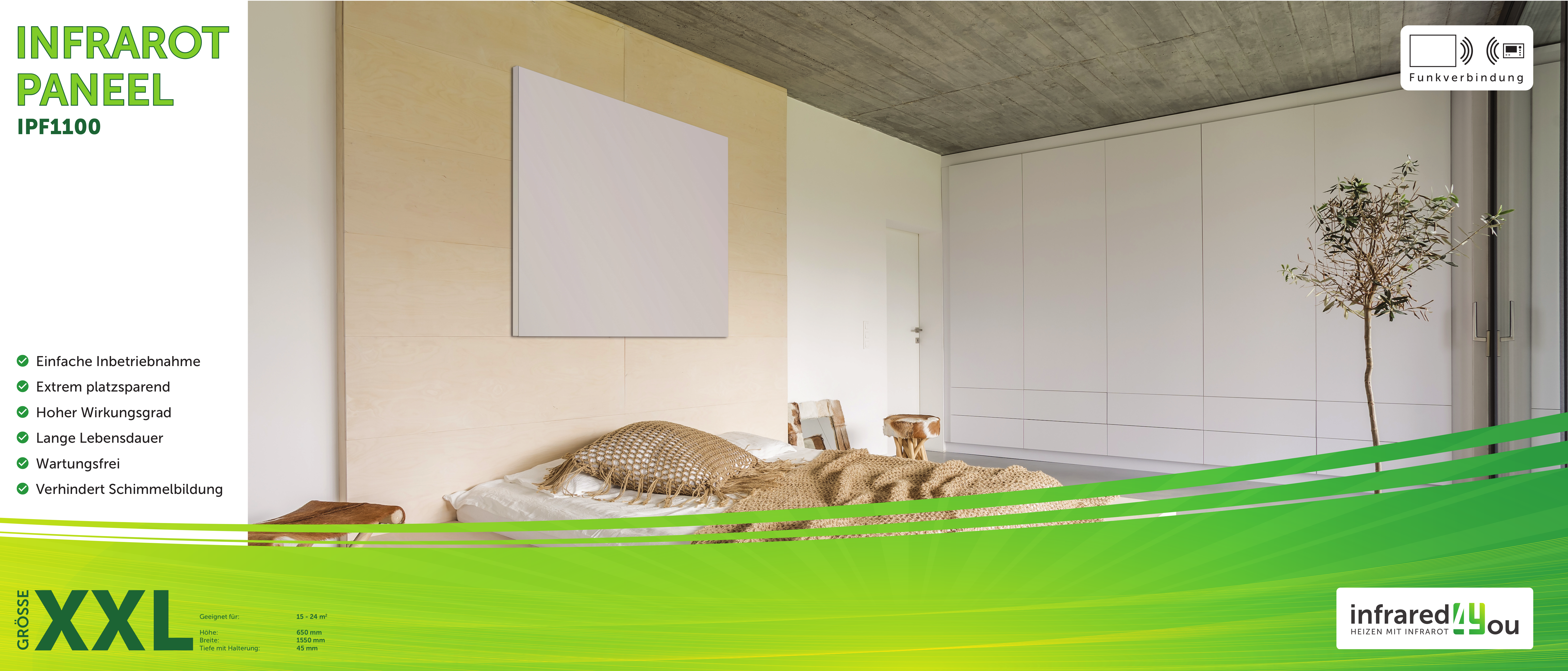 INFRARED4YOU Infrarotheizung IPF 1100 mit einer Fläche von 65 x 155 cm und 1100 Watt Leistung Infrarotheizung (1100 Watt, Raumgröße: 24 m²)