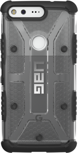 Transparante telefoonhoes met zwarte accenten. Met UAG-logo. Camera en flitser zijn zichtbaar.