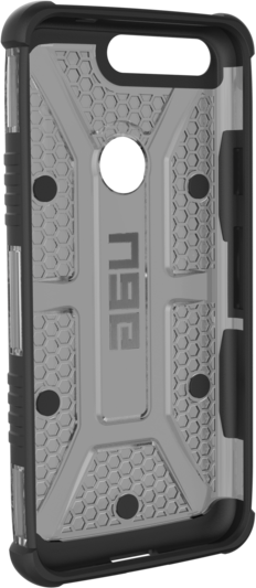Een telefoonhoesje met een zwart frame en een grijs interieur met een honingraatpatroon en de letters "360".