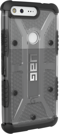 Een transparante en zwarte telefoonhoes. Het heeft een uitsparing voor de camera, het UAG-logo en een honingraatpatroon. Schroeven bevestigen de hoes.