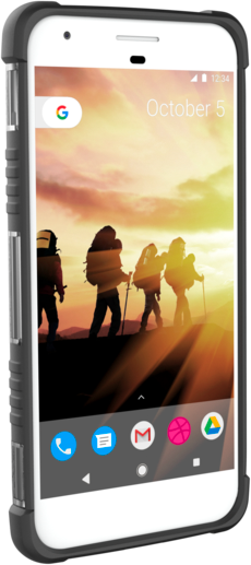 Een smartphone toont een zonsondergang met wandelaars. Het heeft een zwarte hoes. Pictogrammen onderaan zijn telefoon, e-mail en basketbal.