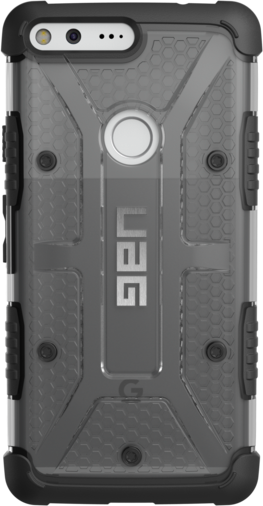 Een telefoonhoesje met zwarte en transparante delen. Het UAG-logo is zichtbaar. Een camera en flitser zijn zichtbaar bovenaan.