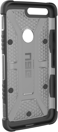 Een telefoonhoesje met een zwart frame en grijze binnenkant, met een honingraatpatroon en de merknaam 'UAG'.