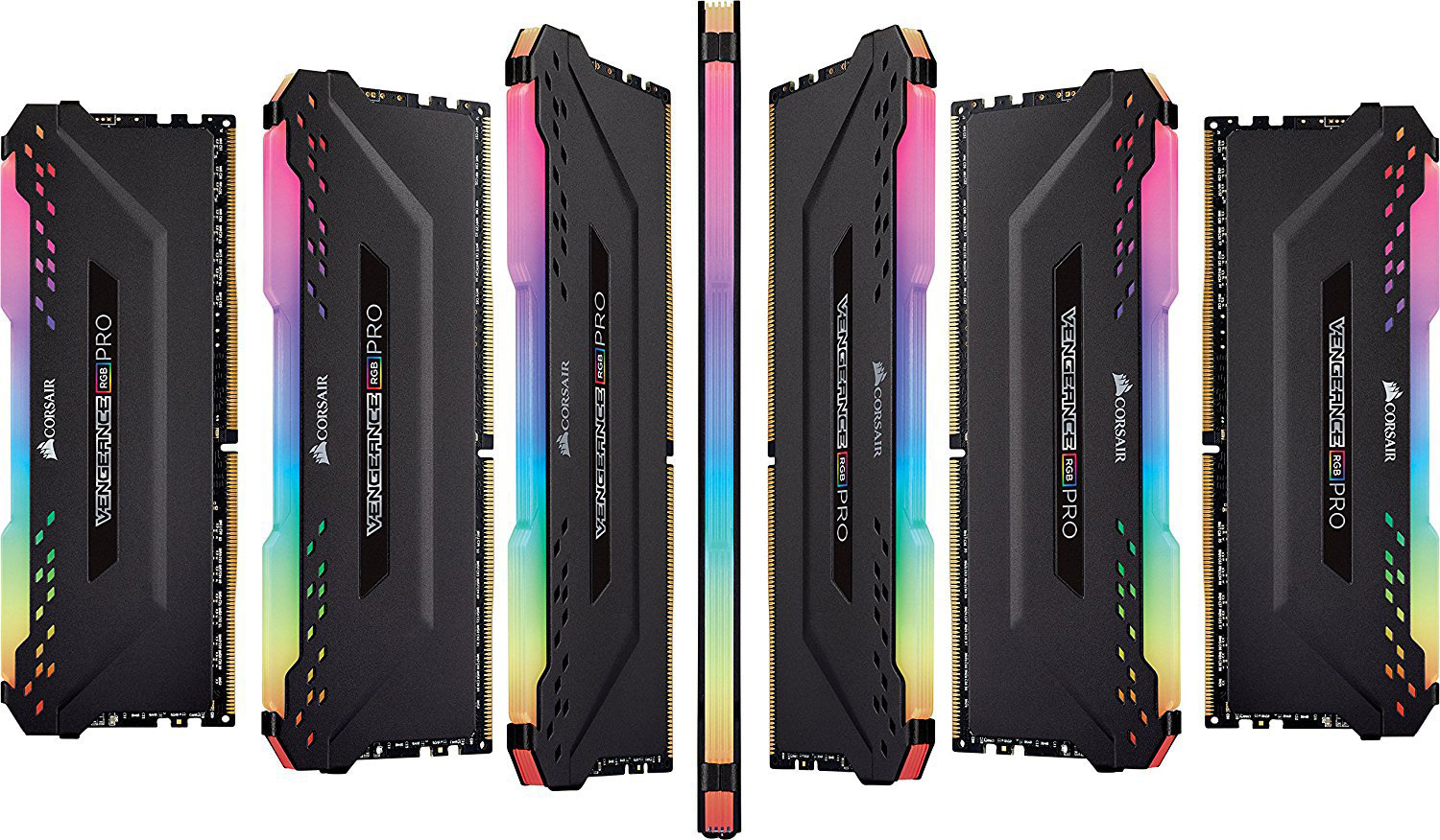 Sieben Corsair Vengeance RGB Pro RAM-Riegel, schwarz mit farbenfrohen RGB-Lichtern.