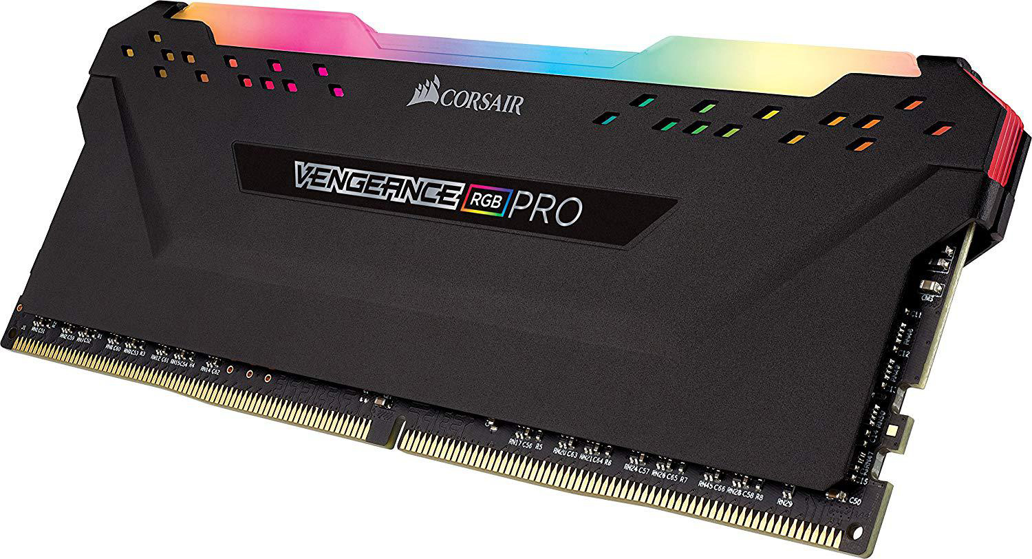 Schwarzer Corsair Vengeance RGB Pro RAM-Riegel mit bunten Lichtern, auf weißem Hintergrund.