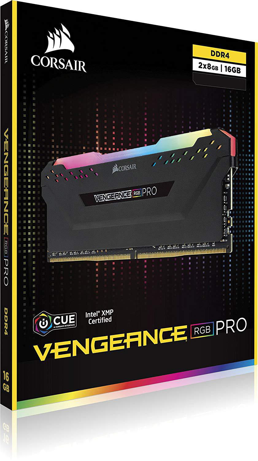 Corsair Vengeance RGB Pro RAM-Stick in einer Box. Schwarz und RGB-Farben.