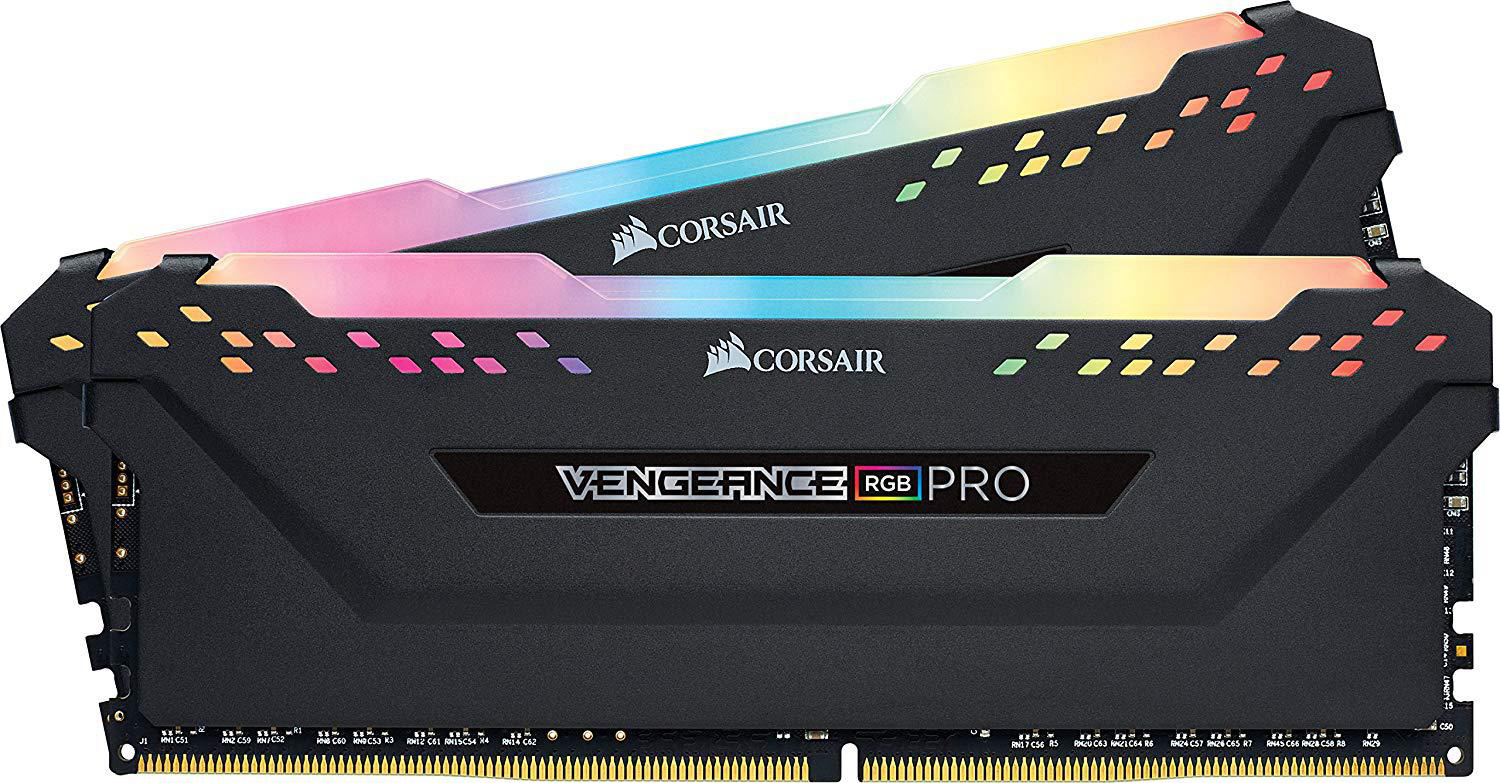 Zwei schwarze Corsair Vengeance RGB Pro RAM-Riegel, je mit bunten LED-Leuchten.