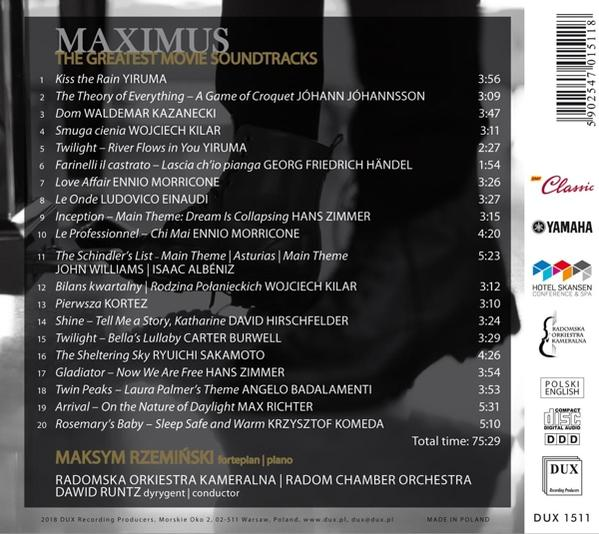 CD-Cover mit Titelliste von 'Maximus: The Greatest Movie Soundtracks'. Yamaha- und DUX-Logos sind sichtbar.