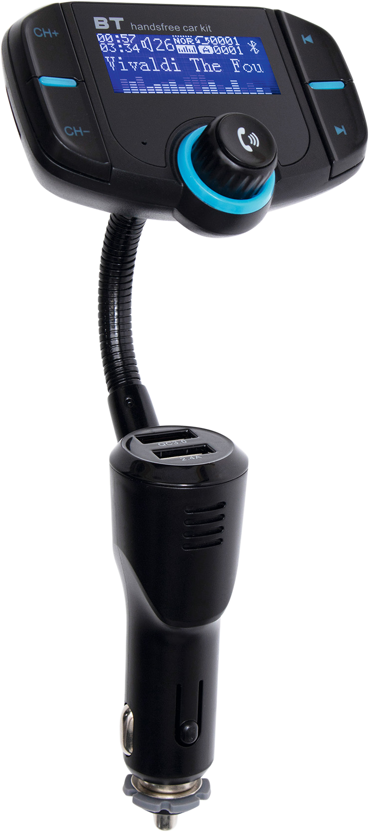 Fekete BT kihangosító autós készlet kék tárcsával és két USB porttal. Hajlékony nyaka van.