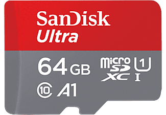 SANDISK Ultra A1+AD - Micro-SDXC-Speicherkarte  (64 GB, 100 MB/s, Grau/Rot)