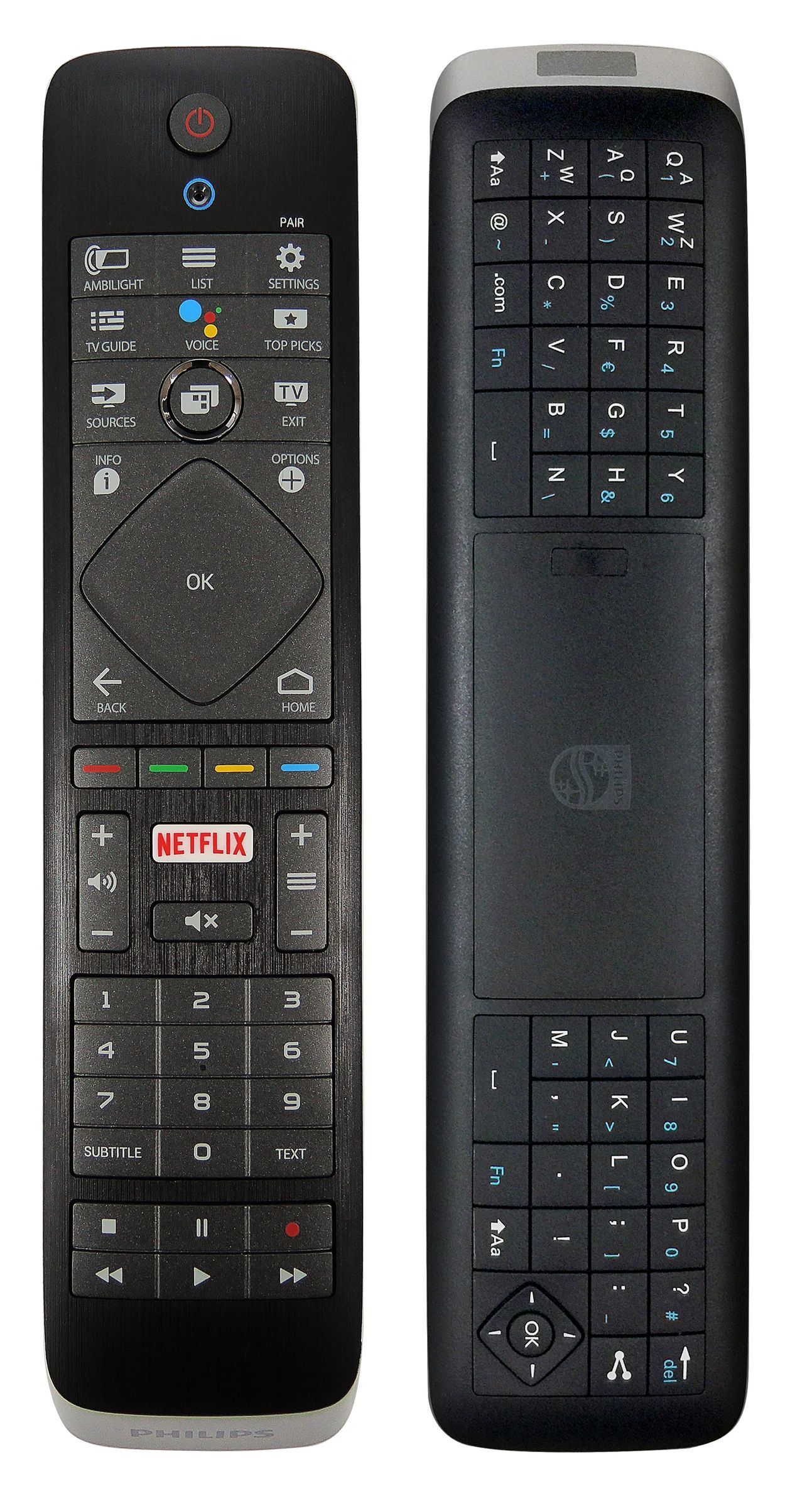 Biri düğmeli, diğeri klavyeli olmak üzere iki TV uzaktan kumandası görüntüleniyor.