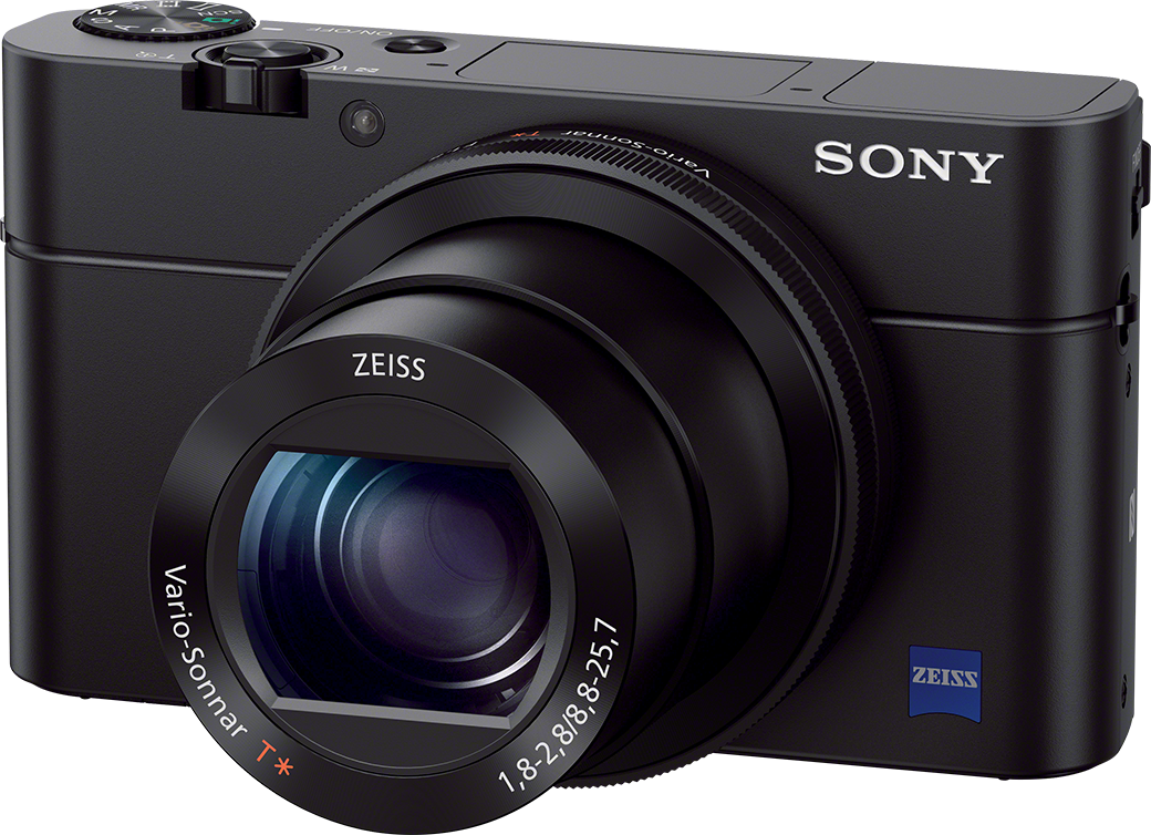 Appareil photo Sony noir avec un objectif, le mot 'ZEISS' est visible sur l'objectif.