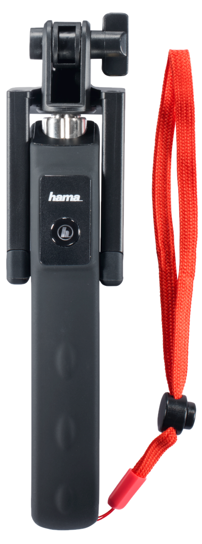 Bastone per selfie nero con cinturino rosso.