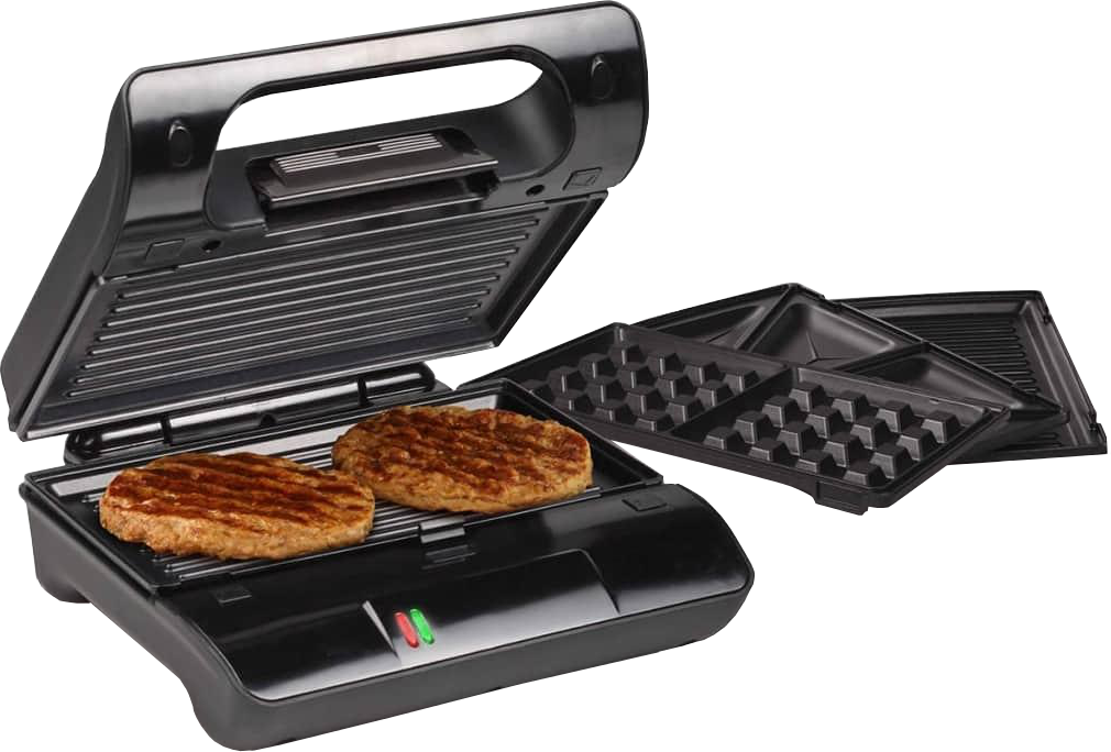 Appareil à sandwich noir avec deux hamburgers en cuisson. Plaques grill et gaufres visibles.