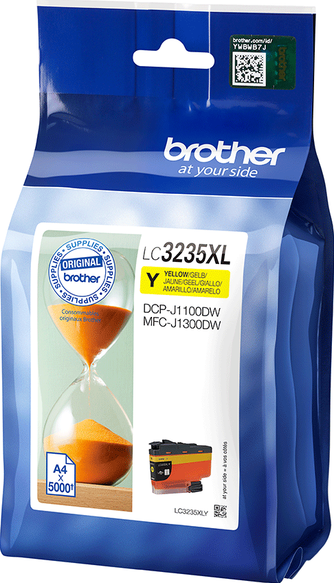 Eine gelbe Brother-Tintenpatrone mit einer durchsichtigen Sanduhr-Grafik.