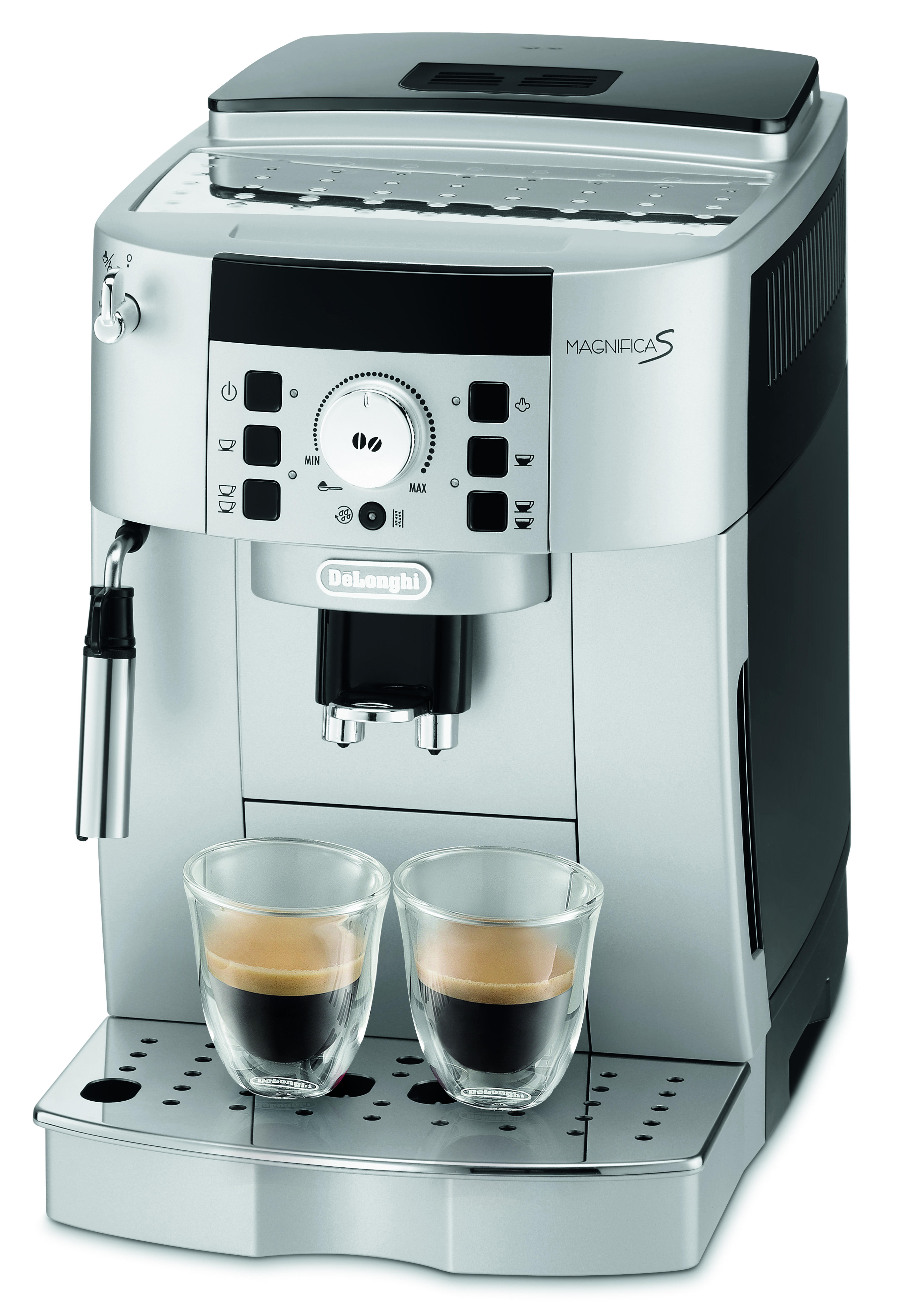 Silberne und schwarze Espressomaschine mit zwei Kaffeegläsern.
