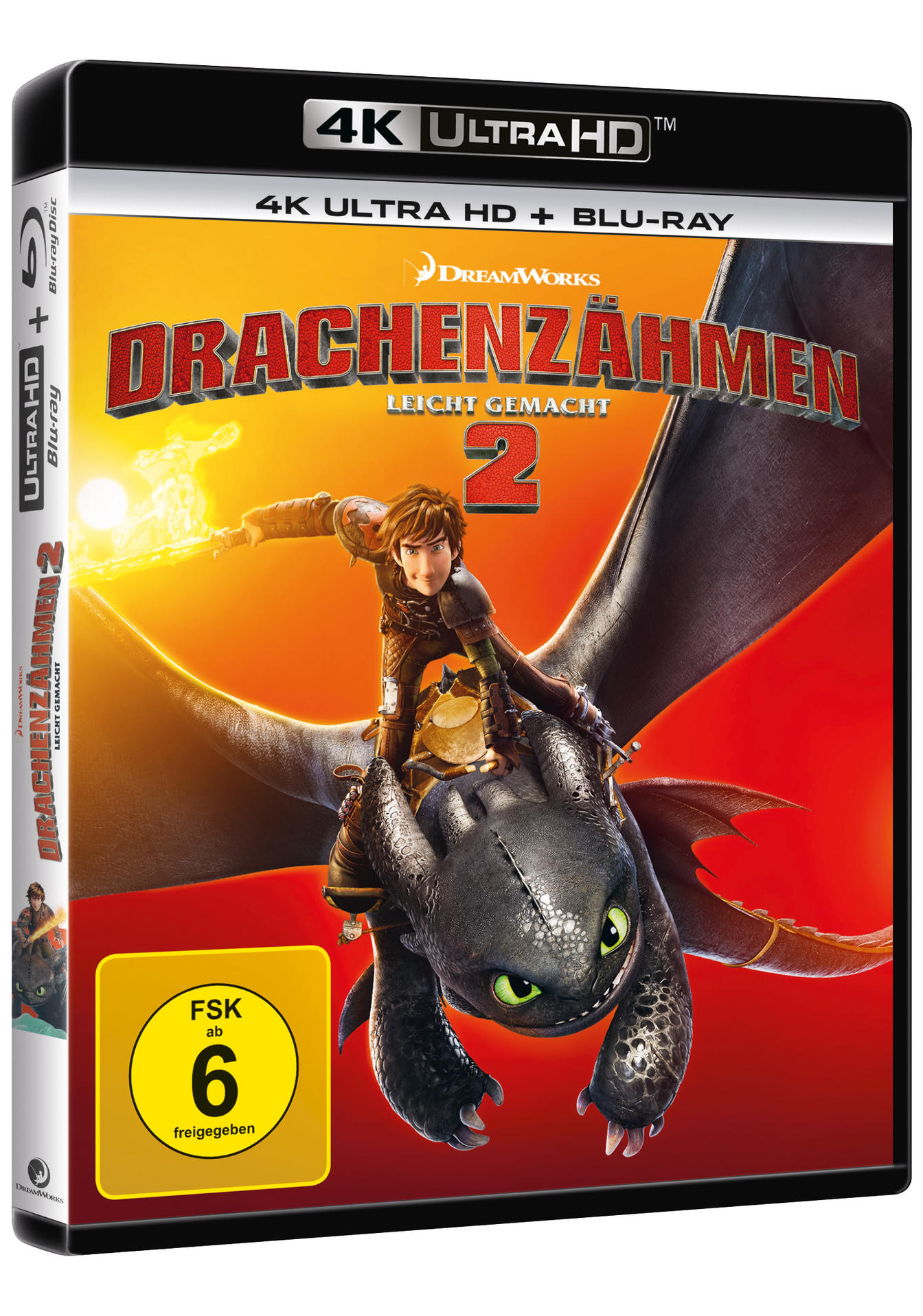 Filmcover für 'Drachenzähmen leicht gemacht 2'. Ein Junge auf einem Drachen vor Sonnenuntergang.