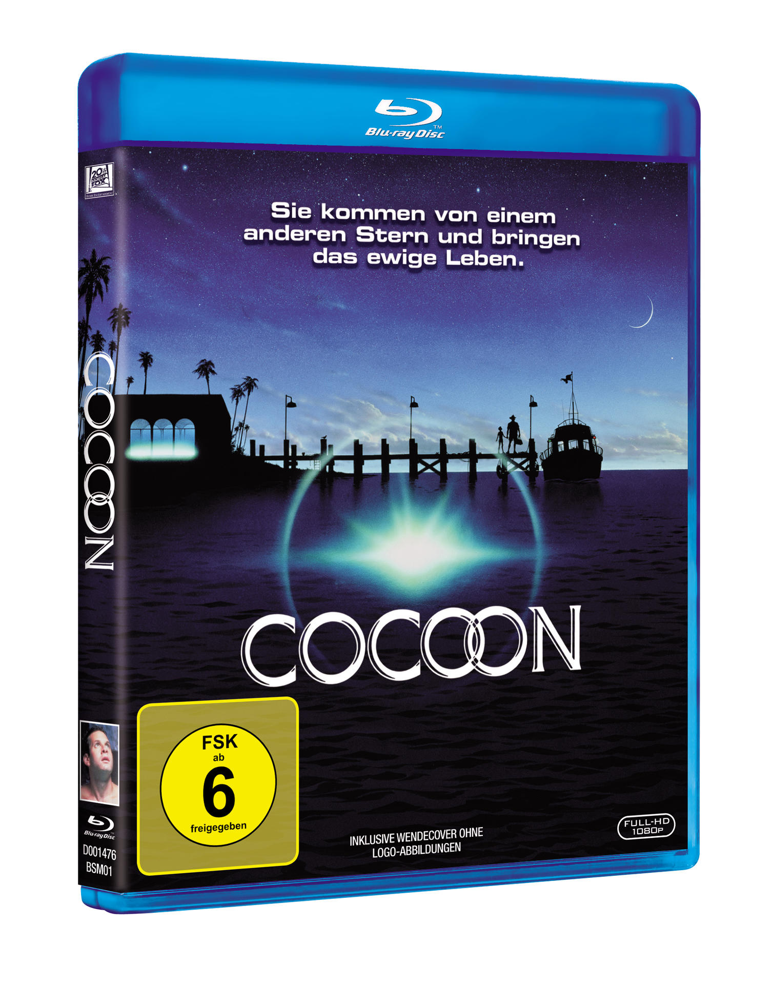 Blu-ray-Cover: Küstenszene bei Nacht mit Steg, Boot und dem Wort 'COCOON'.