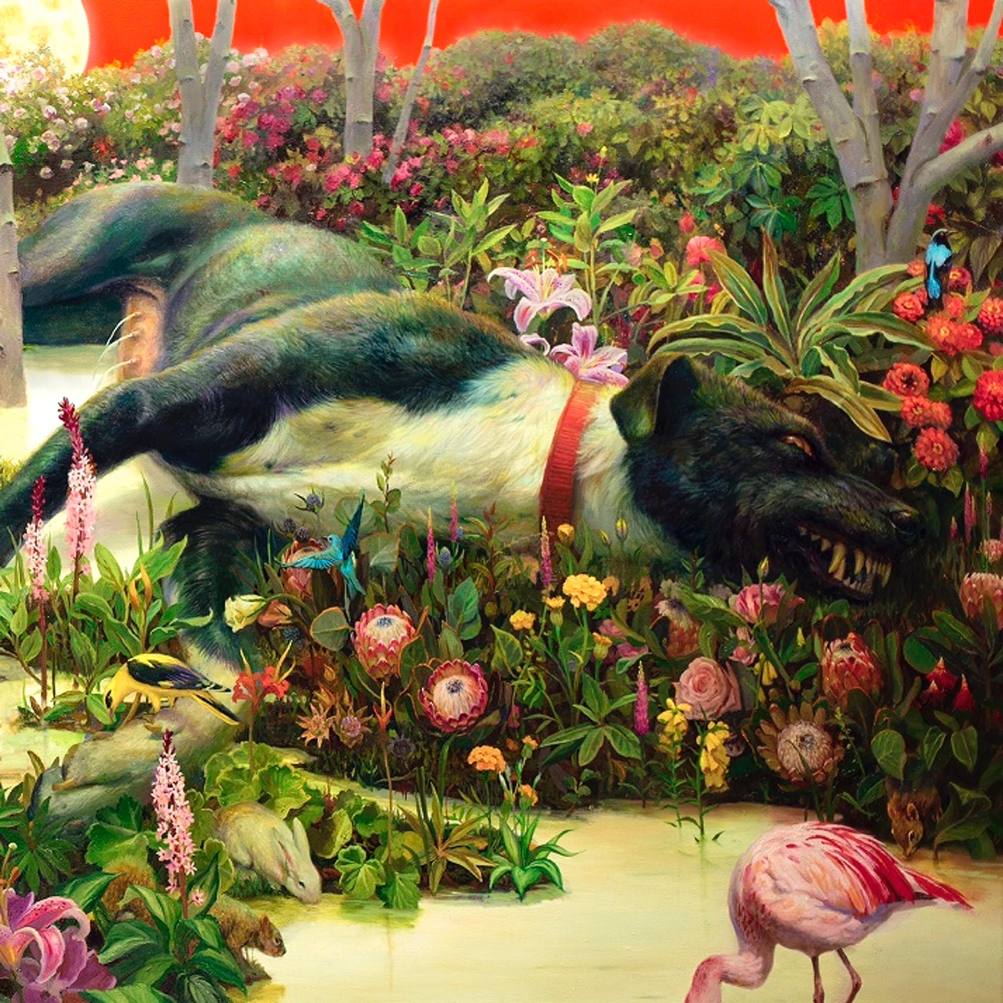 Peinture colorée. Chien dans les fleurs, flamant rose, oiseaux et ciel rouge.