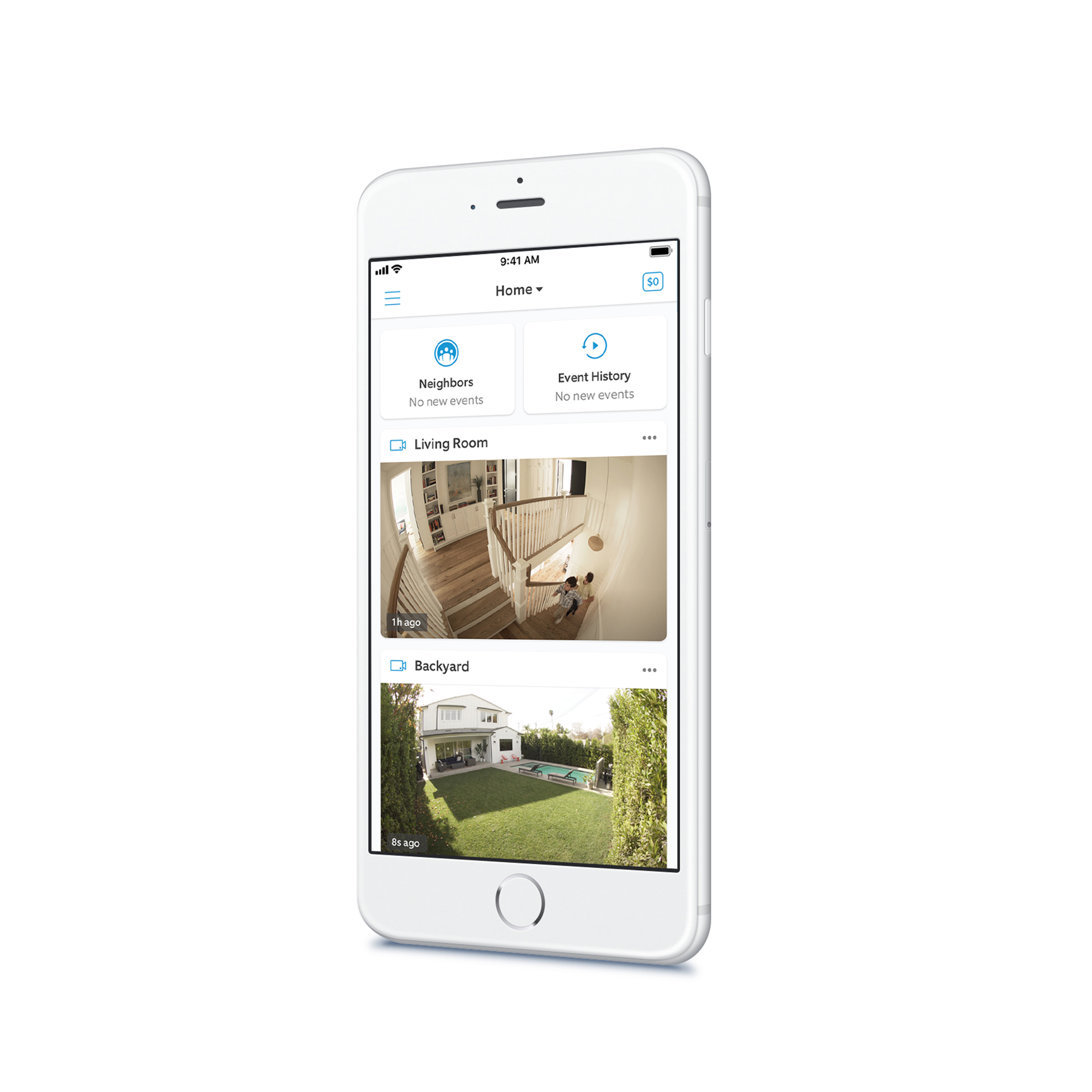 Smartphone zeigt eine Home-Security-App mit Kameraansichten.