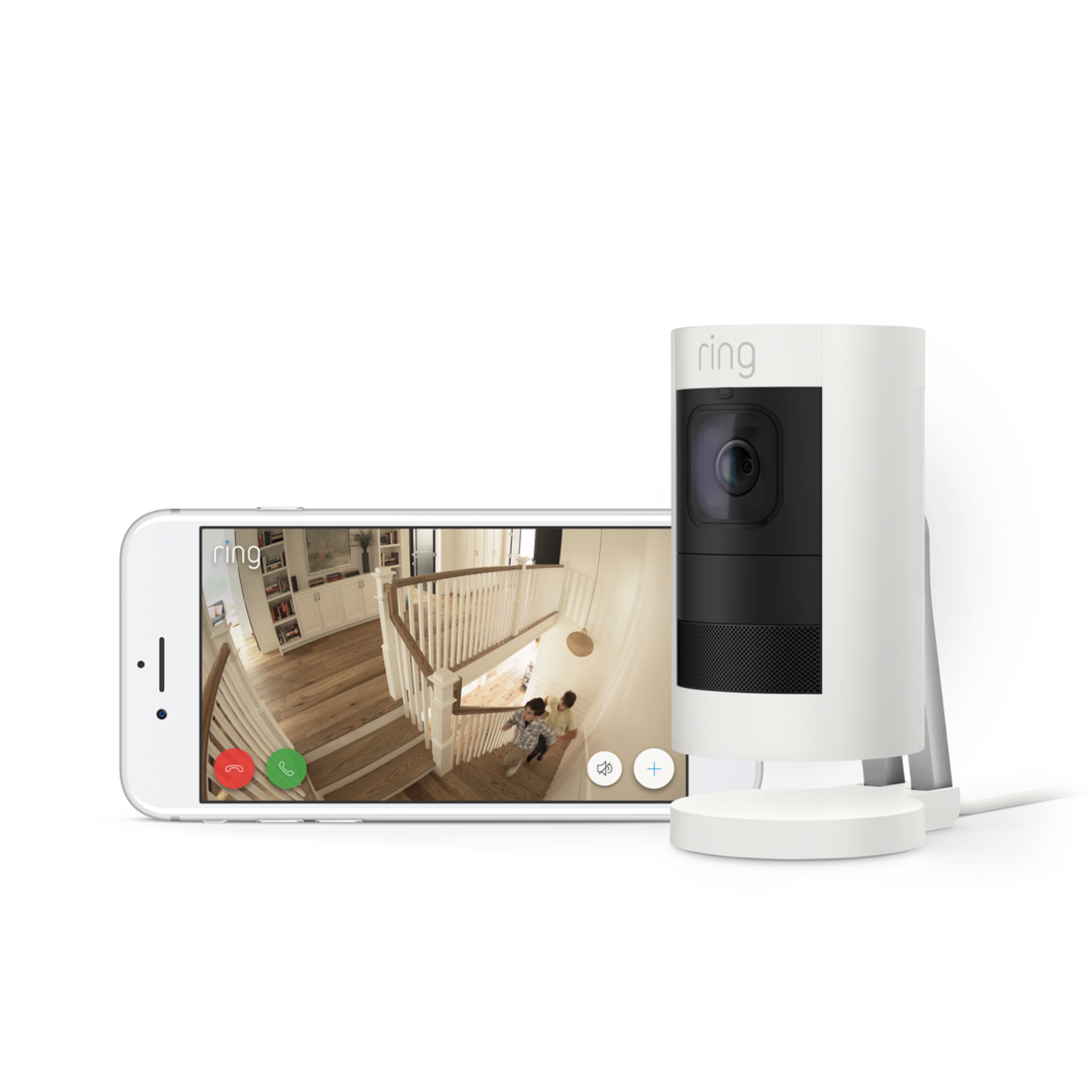 Weiße Smart-Kamera und Smartphone zeigen Live-Ansicht einer Treppe mit Personen.