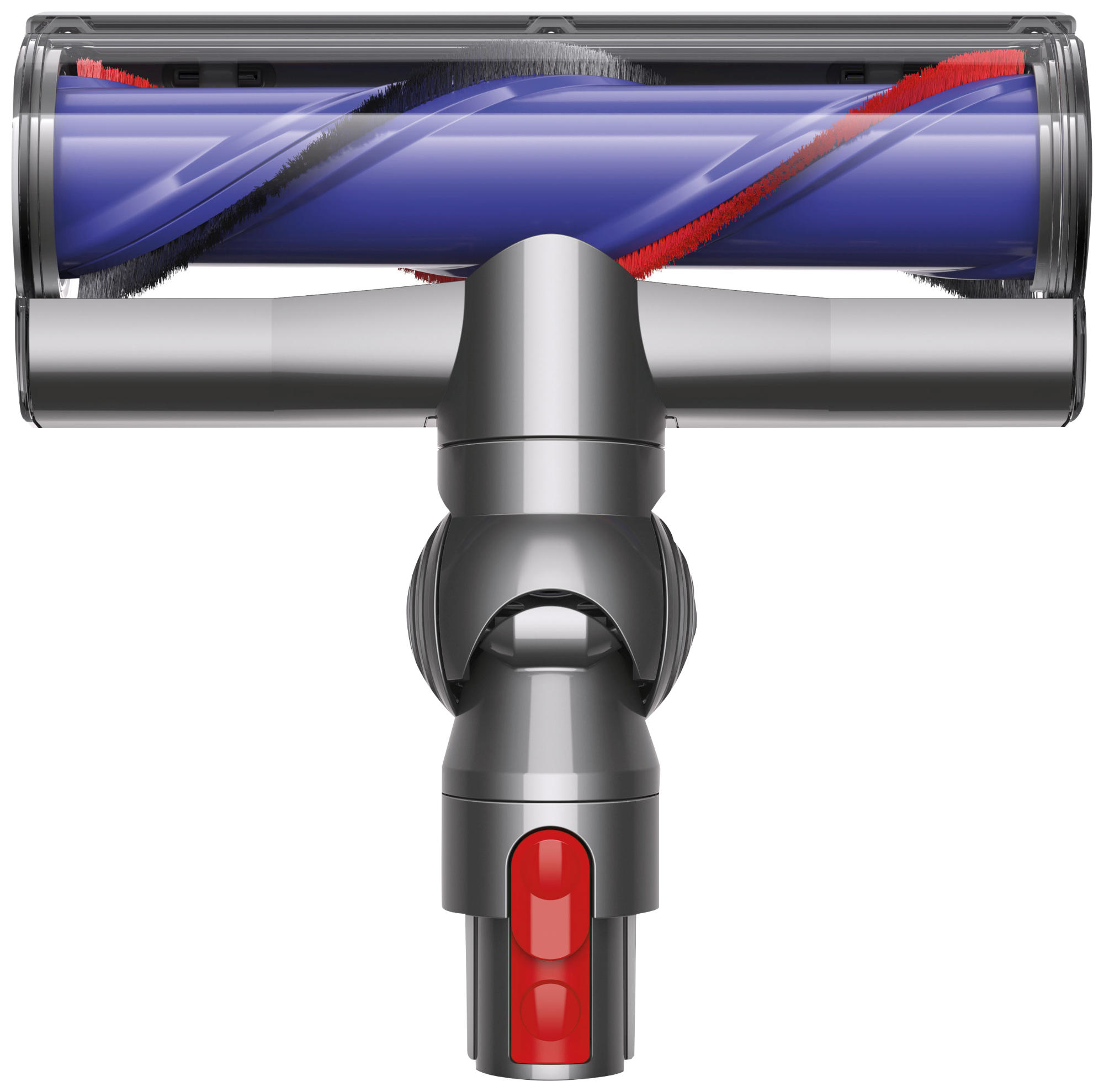 Dyson-Staubsaugerkopf mit blauer Walzenbürste und roten Akzenten. Silber- und Grautöne.